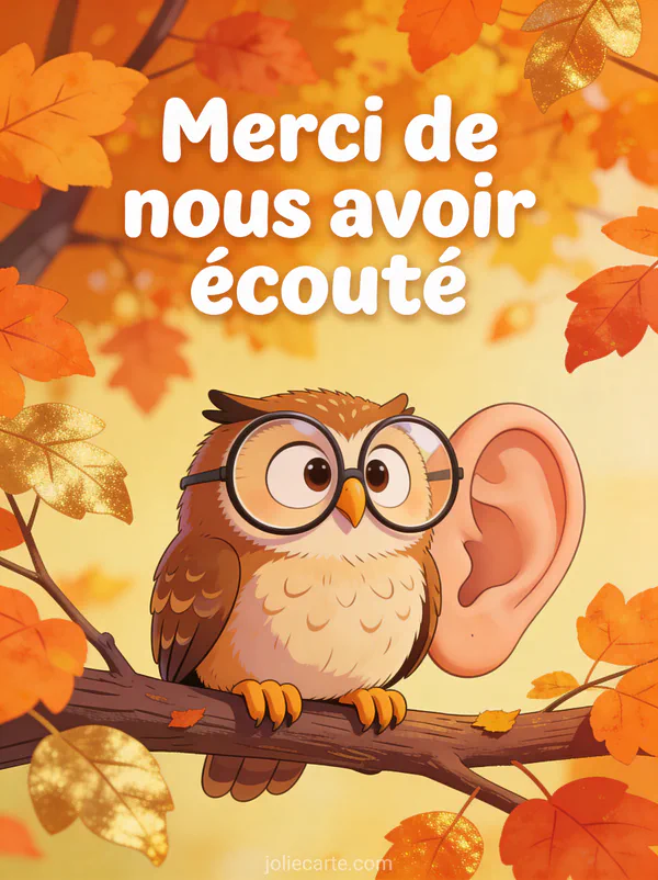 Hibou avec lunettes rondes surdimensionnées assis sur une branche d'automne avec une oreille géante en style cartoon et feuilles orangées et dorées