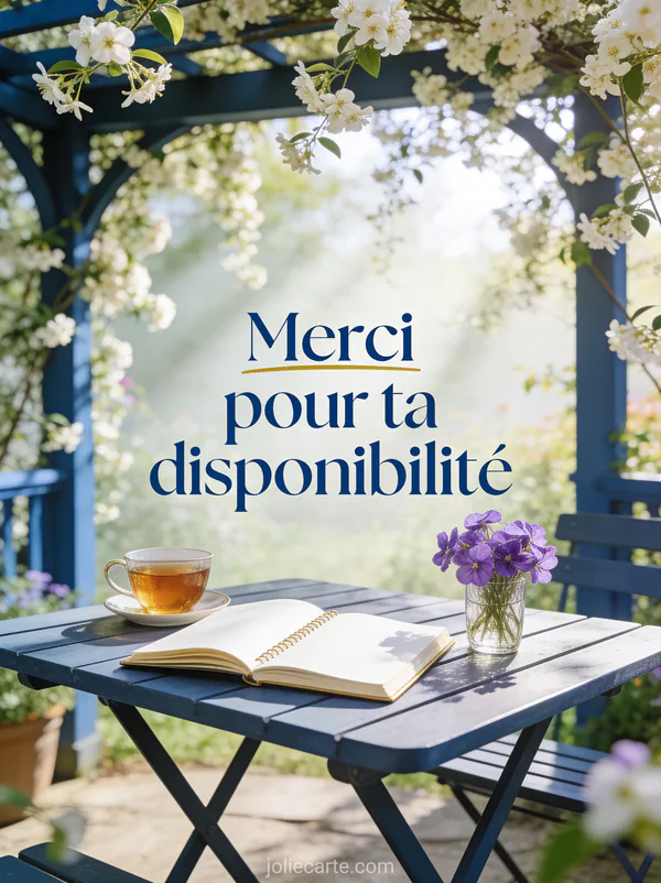 Bureau de jardin en plein air avec un cahier et une tasse de thé sous une tonnelle de jasmin en fleurs avec le texte Merci pour ta disponibilité