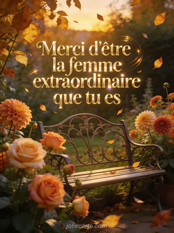 Jardin d'automne avec des roses et des dahlias dans les tons chauds un banc en fer forgé et des feuilles dorées tourbillonnantes