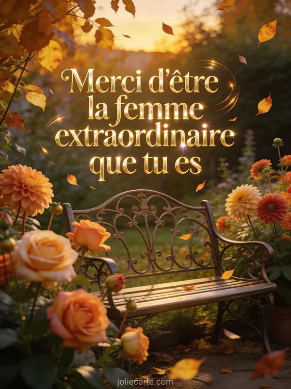 Jardin d'automne avec des roses et des dahlias dans les tons chauds un banc en fer forgé et des feuilles dorées tourbillonnantes