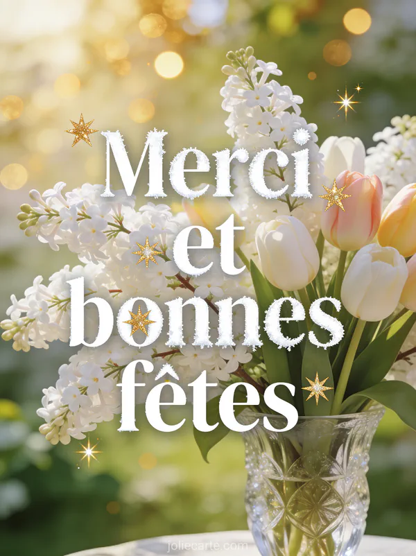 Composition de lilas blanc et tulipes dans un vase en cristal avec des étincelles scintillantes et le texte Merci et bonnes fêtes