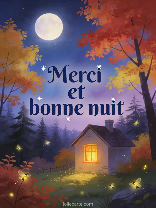 Ciel nocturne d'automne avec lune pleine au-dessus d'une forêt aux couleurs automnales maisonnette éclairée et lucioles avec le texte Merci et bonne nuit