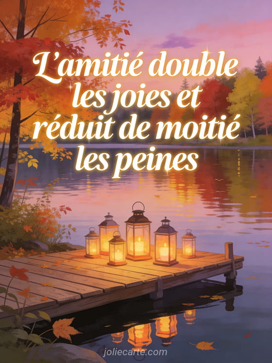 Lanternes allumées sur un ponton en bois au bord d'un lac entouré d'arbres d'automne avec reflets des couleurs dans l'eau