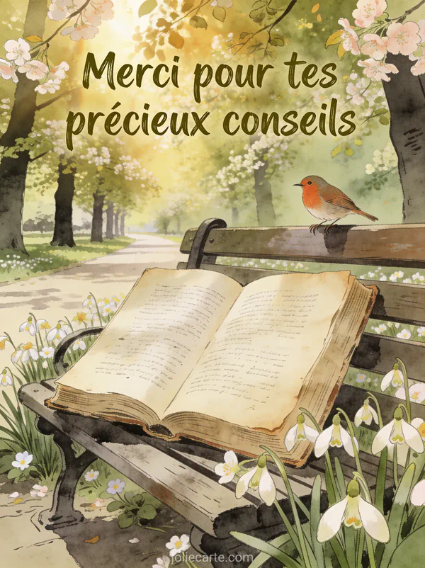Vieux livre ouvert sur un banc de parc printanier entouré de pâquerettes avec un rouge-gorge et le texte Merci pour tes précieux conseils