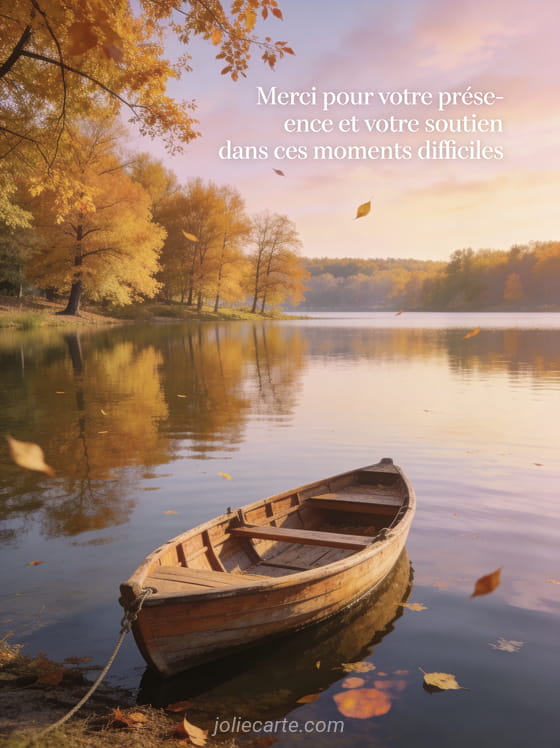 Paysage d'automne serein avec un lac calme reflétant des arbres dorés et une barque en bois amarrée au bord sous un ciel pastel
