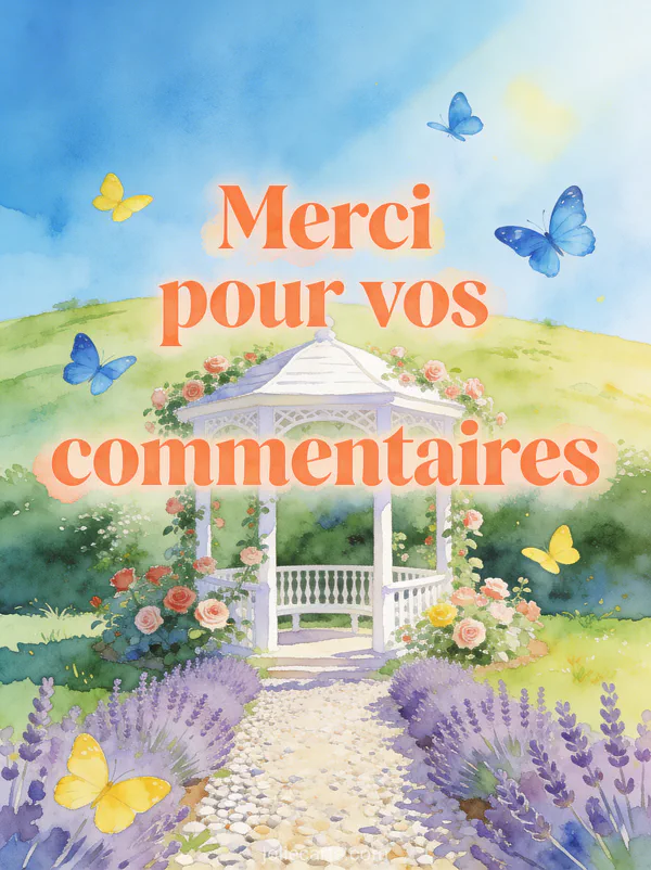 Petit kiosque de jardin blanc entouré de rosiers en fleurs avec des papillons et le texte Merci pour vos commentaires en lettres corail