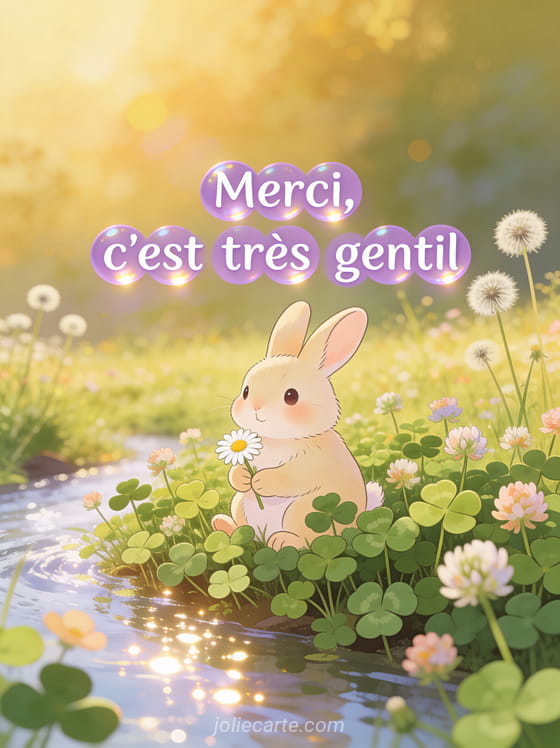 Lapin beige aux yeux doux dans un champ de trèfles en fleurs tenant une marguerite avec le texte Merci c'est très gentil en lettres mauves