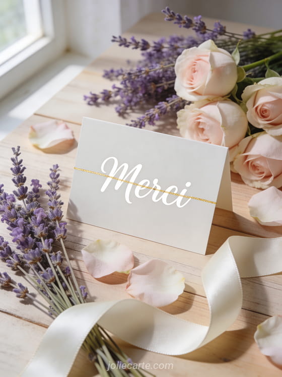 Carte vierge posée sur une table en bois clair avec des brins de lavande et des pétales de roses avec le texte Merci en lettres blanches