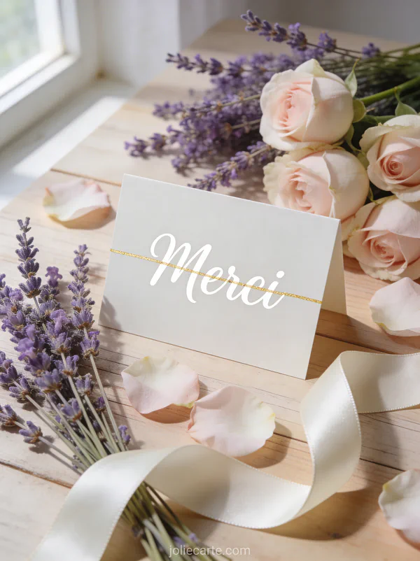 Carte vierge posée sur une table en bois clair avec des brins de lavande et des pétales de roses avec le texte Merci en lettres blanches