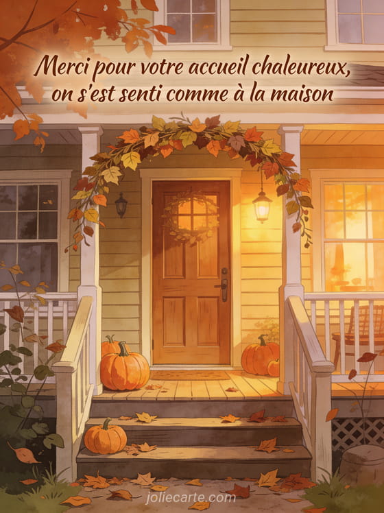 Porte d'entrée chaleureuse d'une maison de campagne en automne avec couronne de feuilles citrouilles sur le perron et lumière chaude intérieure