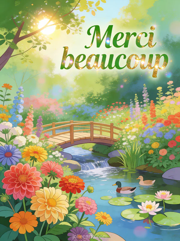 Massif de dahlias et zinnias multicolores avec un petit pont en bois au-dessus d'un ruisseau et le texte Merci beaucoup en lettres vertes