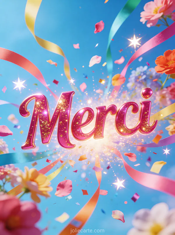 Explosion de confettis de pétales multicolores avec des rubans et étoiles lumineuses sur fond bleu ciel et le texte Merci en lettres rose magenta