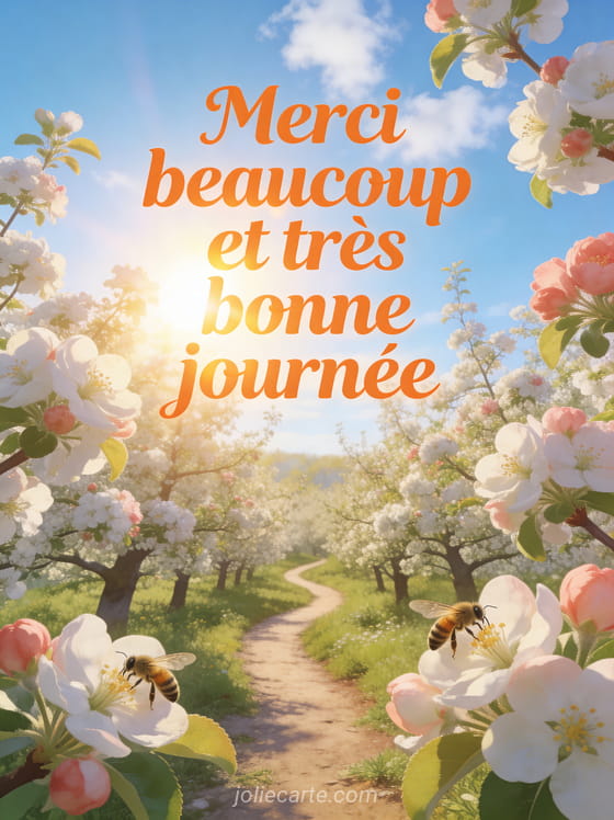 Verger printanier avec des pommiers en fleurs blanches et roses et des abeilles sous un ciel bleu avec le texte Merci beaucoup et très bonne journée