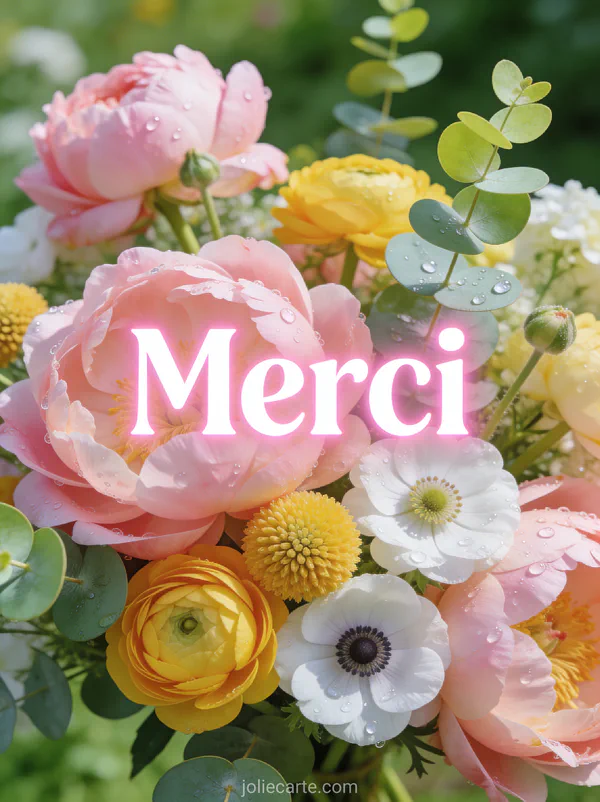 Gros bouquet de pivoines roses renoncules jaunes et anémones blanches avec des gouttes de rosée et le texte Merci en lettres blanches
