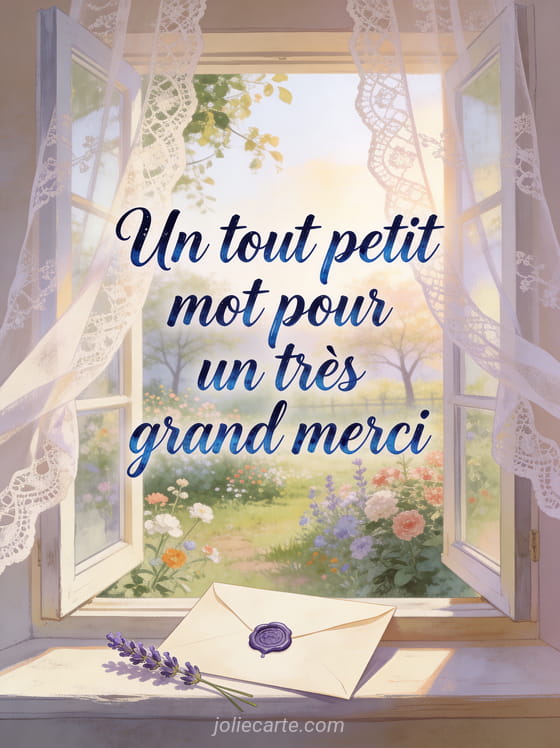Lettre cachetée à la cire avec un brin de lavande sur un rebord de fenêtre avec vue sur un jardin et le texte Un tout petit mot pour un très grand merci