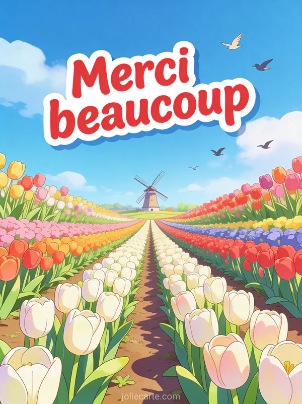 Champ de tulipes multicolores en rangées sous un ciel bleu vif avec un moulin à vent au loin et le texte Merci beaucoup en lettres rouges