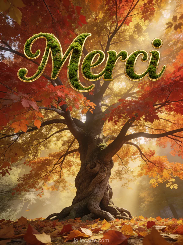 Grand arbre d'automne majestueux aux feuilles rouge orange et or avec un tapis de feuilles au pied et une lumière dorée filtrant à travers le feuillage