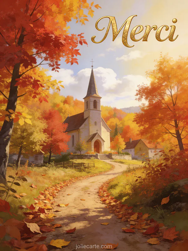 Eglise de village en automne entourée d'arbres aux feuilles flamboyantes chemin de terre bordé de feuilles mortes ciel automnal lumineux style illustration traditionnelle