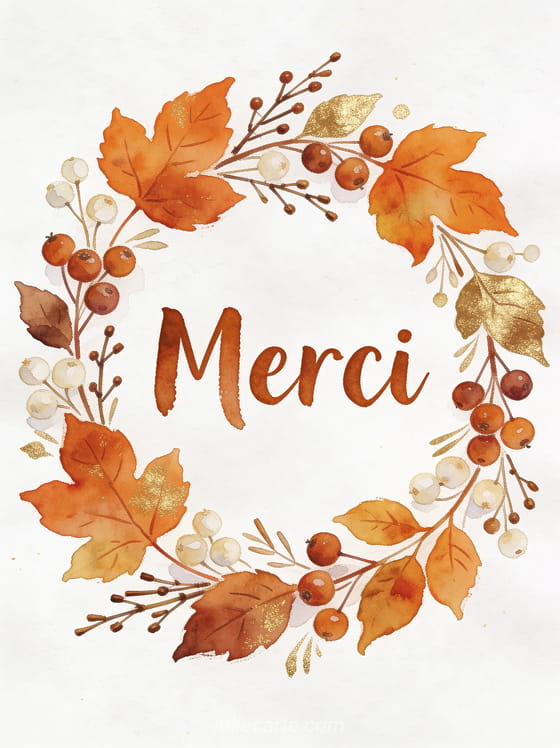 Texte Merci en lettres aquarelle aux tons d'automne entouré d'une bordure florale peinte avec des feuilles des baies et des brindilles sur fond blanc