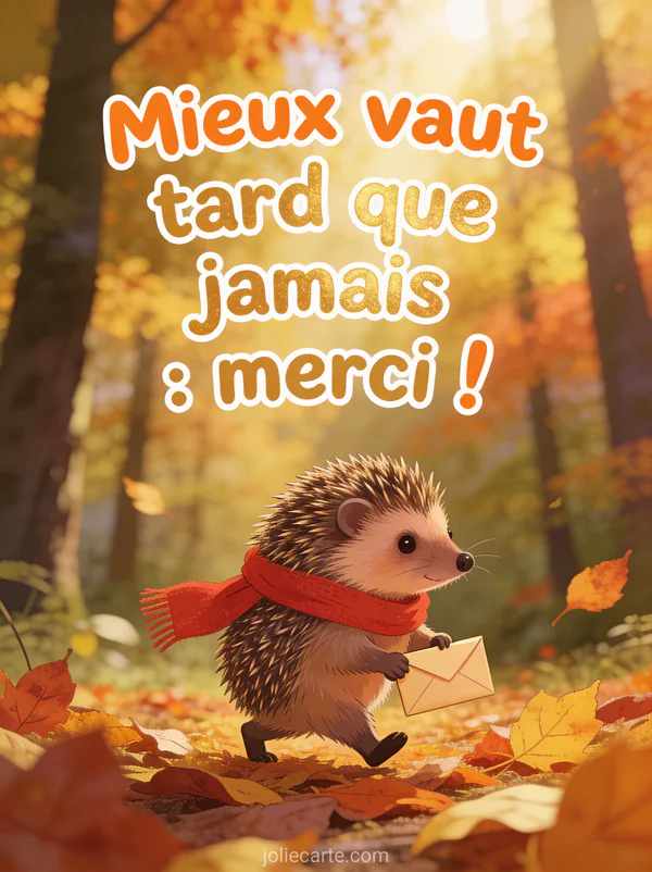 Petit hérisson portant une écharpe rouge avec une enveloppe dans les pattes sur un tapis de feuilles d'automne forêt aux couleurs chaudes style illustration attendrissante