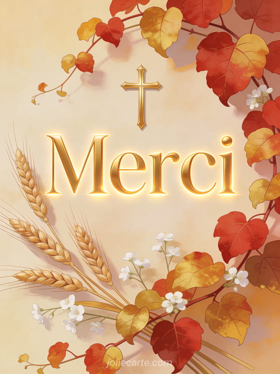 Composition automnale avec une croix dorée des épis de blé des feuilles de vigne rouges et dorées et des fleurs blanches dans une lumière chaude