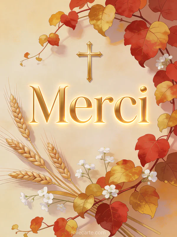 Composition automnale avec une croix dorée des épis de blé des feuilles de vigne rouges et dorées et des fleurs blanches dans une lumière chaude