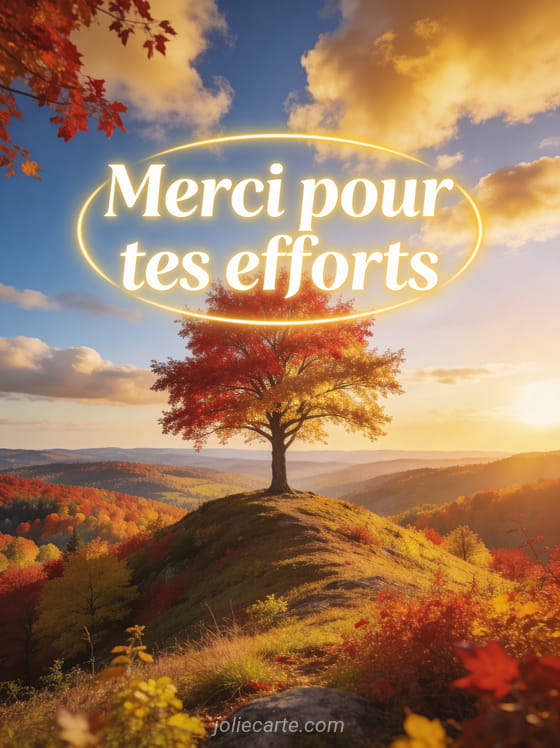 Sommet de colline en automne avec arbre solitaire aux feuilles rouges et dorées vue panoramique sur une vallée automnale ciel clair et soleil couchant