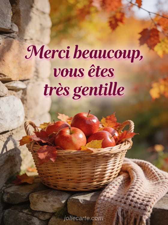 Panier en osier rempli de pommes rouges et de feuilles d'automne sur un muret de pierre avec un châle en laine et paysage automnal en arrière-plan