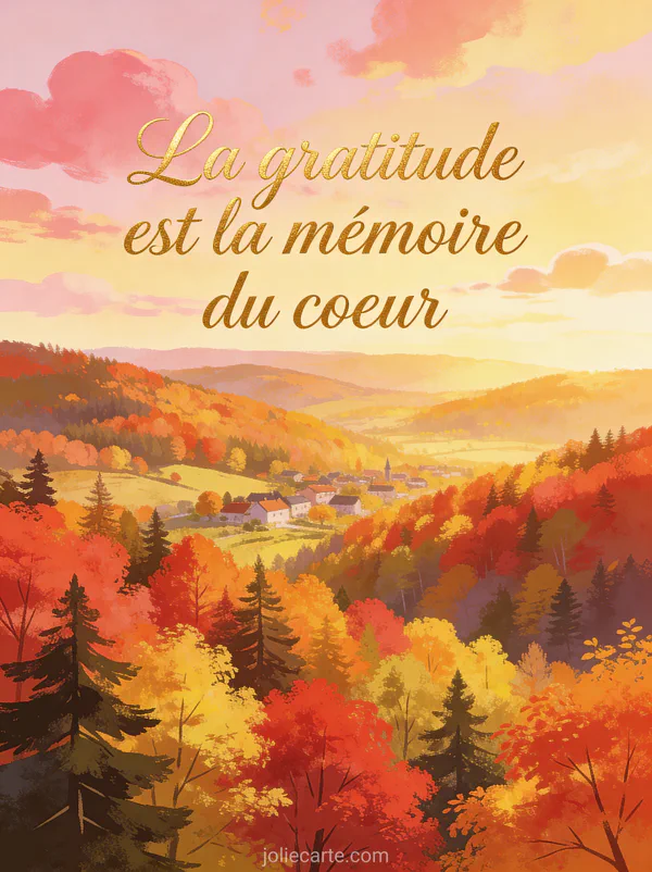 Paysage d'automne panoramique avec une vallée de forêt aux couleurs flamboyantes un petit village au loin et un ciel rosé de golden hour