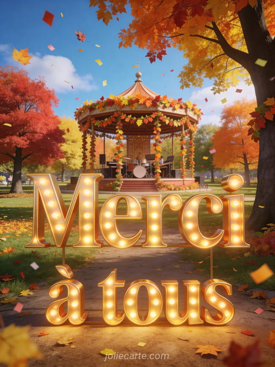 Grand parc d'automne avec arbres majestueux aux feuilles multicolores kiosque à musique décoré de guirlandes de feuilles ciel bleu avec le texte Merci à tous en lettres dorées