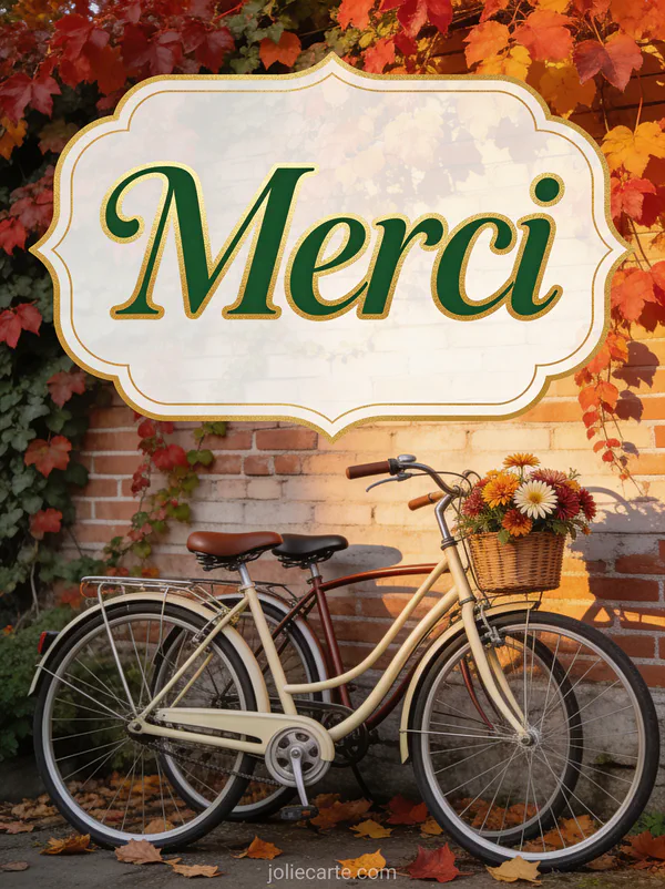 Deux vélos vintage garés contre un mur de briques couvert de lierre aux feuilles rouges et orangées d'automne avec panier de fleurs et feuilles au sol