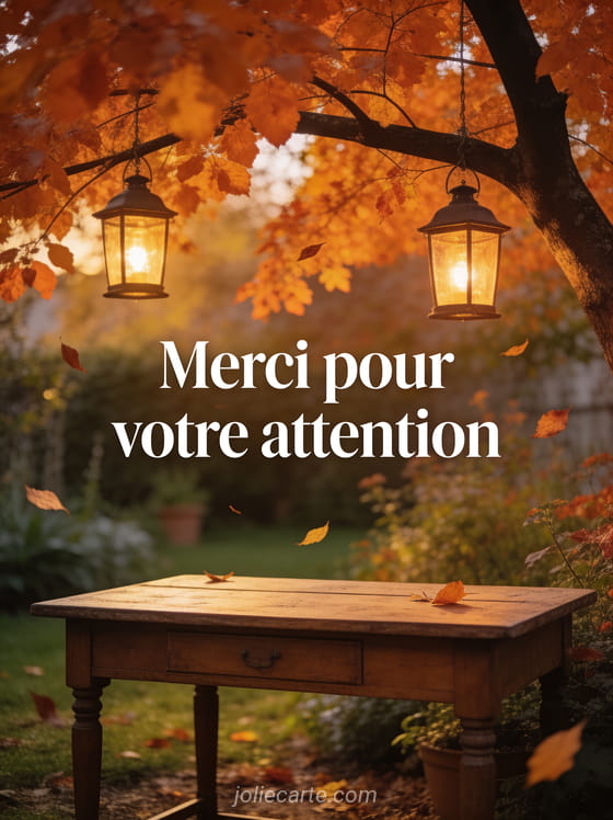 Pupitre en bois dans un jardin d'automne sous un arbre aux feuilles orangées lanternes allumées aux branches et feuilles tombantes lumière chaude