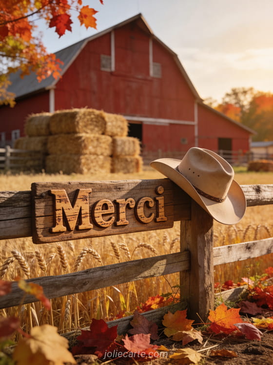 Scène country automnale avec grange rouge bottes de foin chapeau de cowboy sur une clôture en bois et feuilles d'automne avec le texte Merci en lettres rustiques