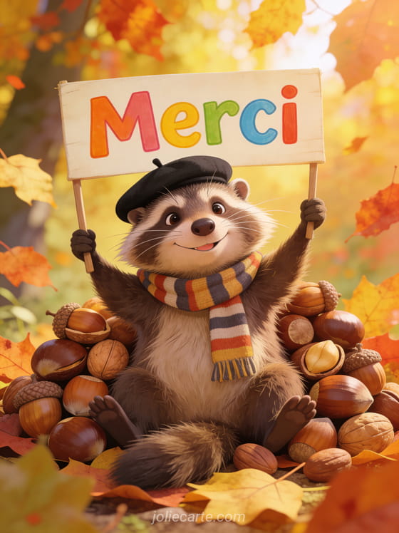Raton laveur portant un béret et une écharpe à rayures brandissant un panneau Merci assis parmi des feuilles d'automne avec glands et noisettes style illustration humoristique