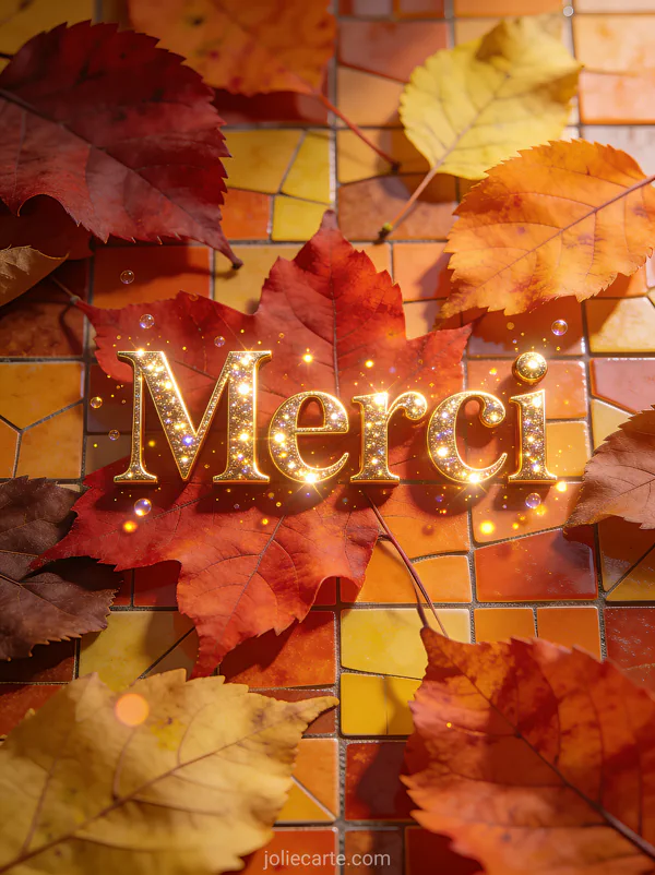 Feuilles d'automne en mosaïque harmonieuse dans les tons rouge orange jaune et brun avec le texte Merci en lettres dorées scintillantes et particules lumineuses