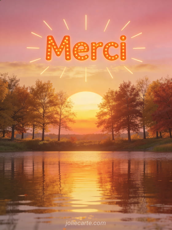 Soleil d'automne se couchant derrière une rangée d'arbres aux feuilles dorées et rousses ciel dégradé rose et doré reflets chauds sur un lac calme