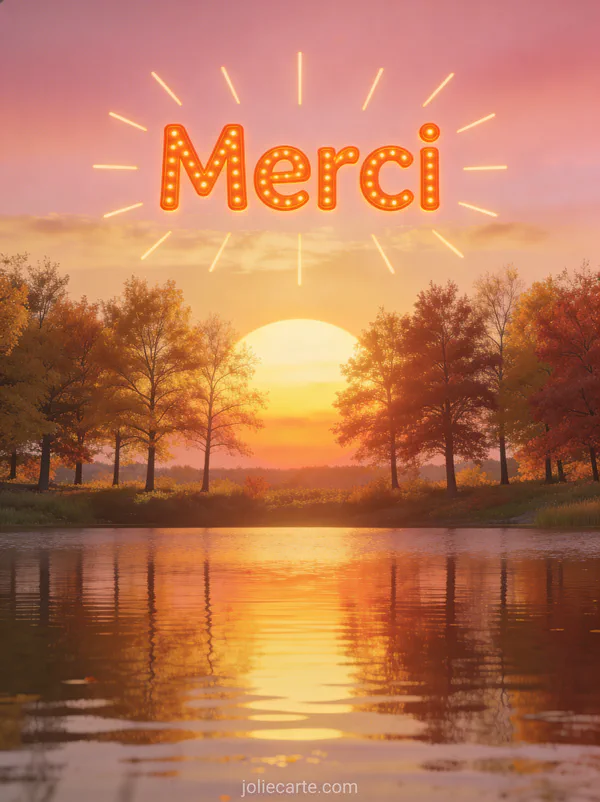 Soleil d'automne se couchant derrière une rangée d'arbres aux feuilles dorées et rousses ciel dégradé rose et doré reflets chauds sur un lac calme