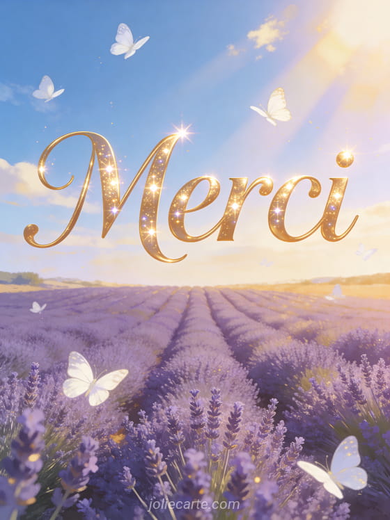 Champ de lavande sous un ciel bleu d'été avec des papillons blancs et des rayons de soleil dorés avec le texte Merci en lettres dorées