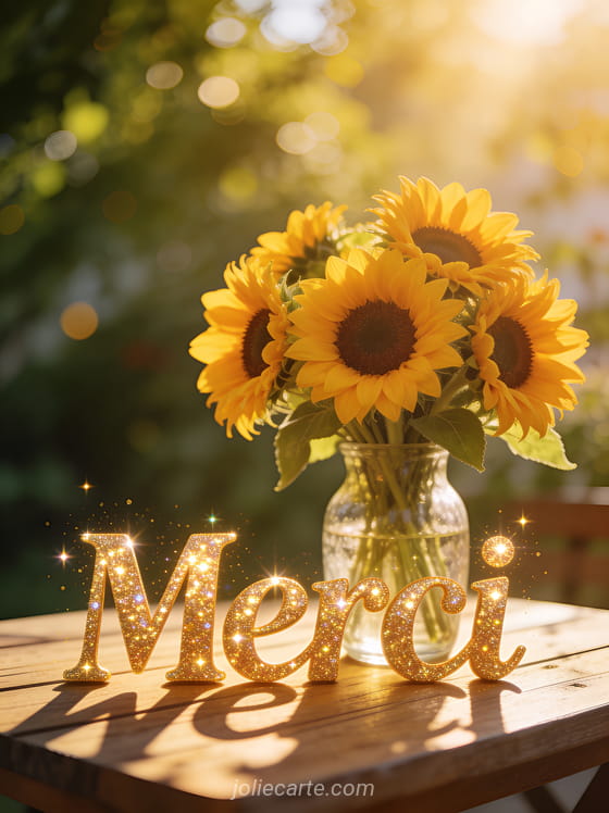 Bouquet de tournesols dans un vase en verre baigné de soleil doré d'été avec le texte Merci en lettres brillantes à paillettes