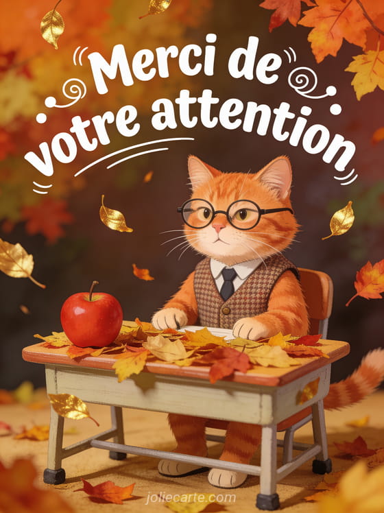Chat roux portant des lunettes et un gilet en tweed assis derrière un bureau miniature couvert de feuilles d'automne avec une pomme rouge style illustration humoristique