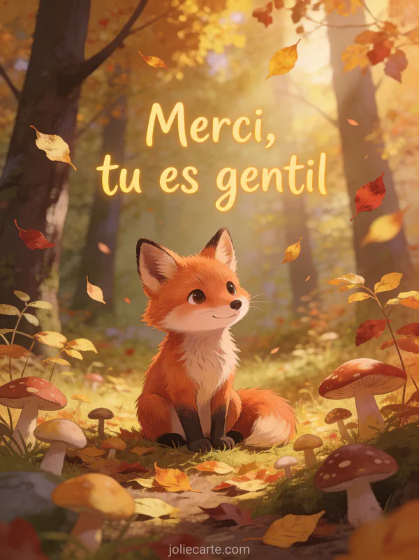 Petit renard roux assis dans une clairière automnale avec des champignons feuilles dorées et rousses tombant doucement lumière douce et chaude style illustration tendre