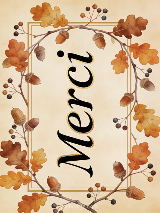 Texte Merci en lettres calligraphiques noires classiques avec liseré doré cadre décoratif orné de branches de chêne aux feuilles automnales et glands sur fond parchemin