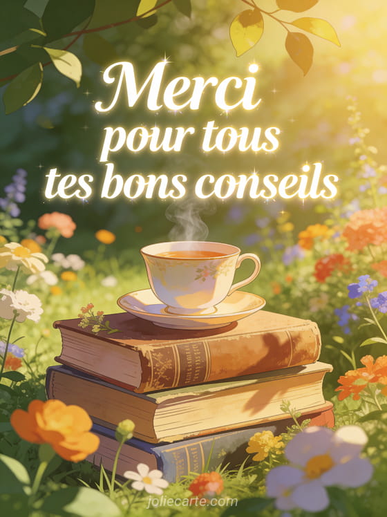 Tasse de thé fumante posée sur des livres anciens dans un jardin fleuri d'été avec le texte Merci pour tous tes bons conseils
