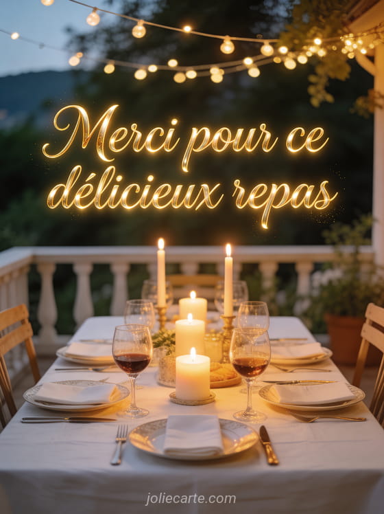 Belle table dressée en terrasse d'été avec des bougies et des verres de vin et le texte Merci pour ce délicieux repas en lettres dorées