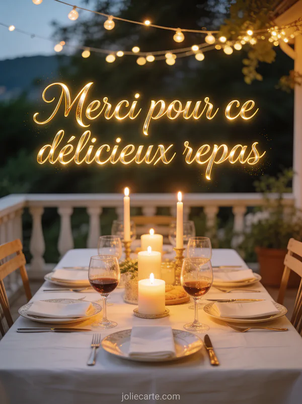 Belle table dressée en terrasse d'été avec des bougies et des verres de vin et le texte Merci pour ce délicieux repas en lettres dorées