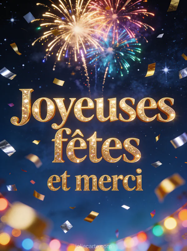 Feux d'artifice colorés dans un ciel nocturne étoilé avec des confettis dorés et le texte Joyeuses fêtes et merci en lettres dorées