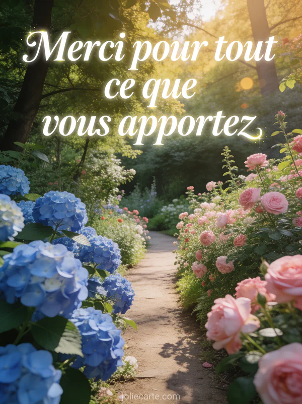Jardin luxuriant d'été avec des hortensias bleus et roses en pleine floraison et une allée bordée de fleurs avec le texte Merci pour tout ce que vous apportez