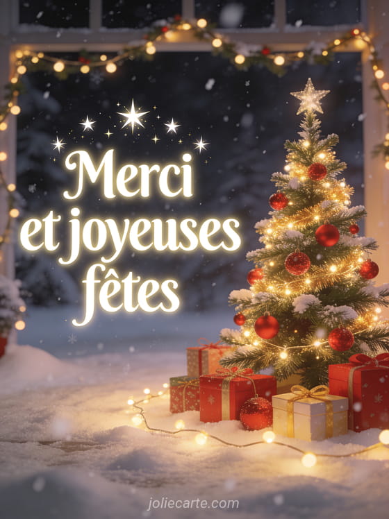 Sapin de Noël décoré de lumières dorées et boules rouges avec des cadeaux au pied et de la neige avec le texte Merci et joyeuses fêtes