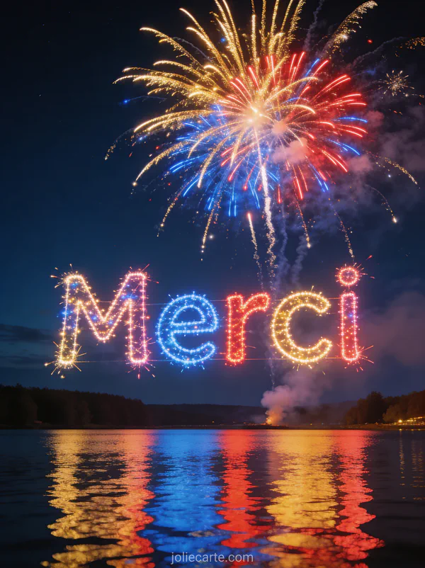 Feu d'artifice spectaculaire multicolore éclatant dans un ciel nocturne d'été avec des reflets sur l'eau et le texte Merci