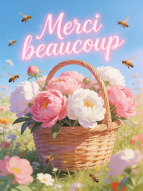 Panier en osier débordant de pivoines roses et blanches dans un champ fleuri d'été avec des abeilles et le texte Merci beaucoup
